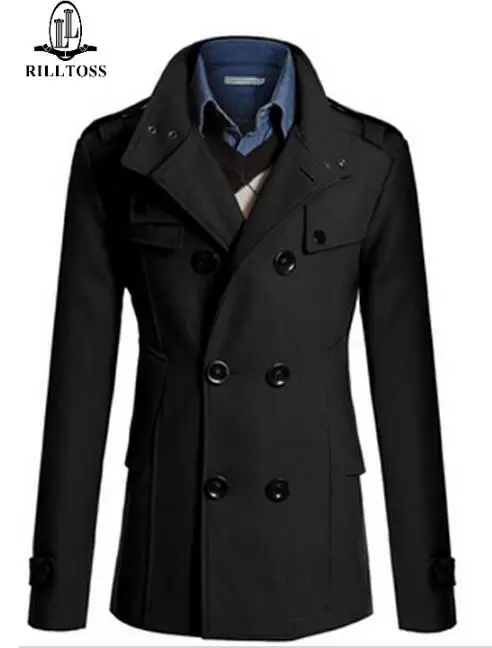 Оптовая мужская шерстяные пальто мода черный длинное двойной грудью |