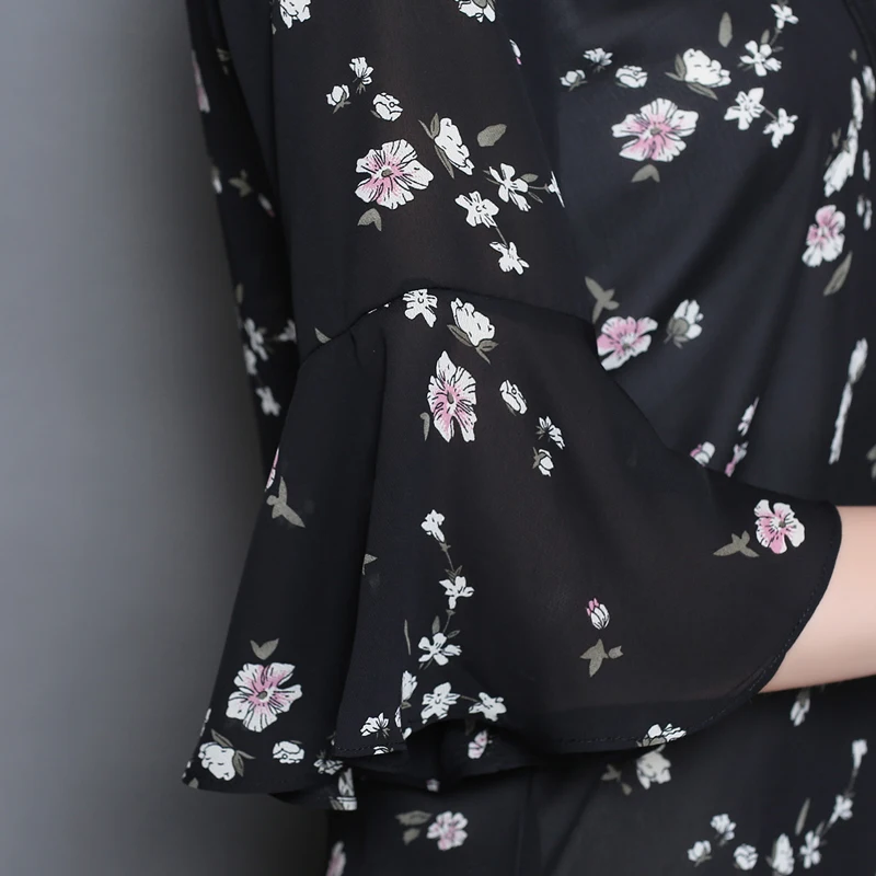 

Plus Big Size Tops Blusas Feminina 2020 New Korean Spring Summer Style Women Shirts Black Floral Chiffon Blouse Women A0323