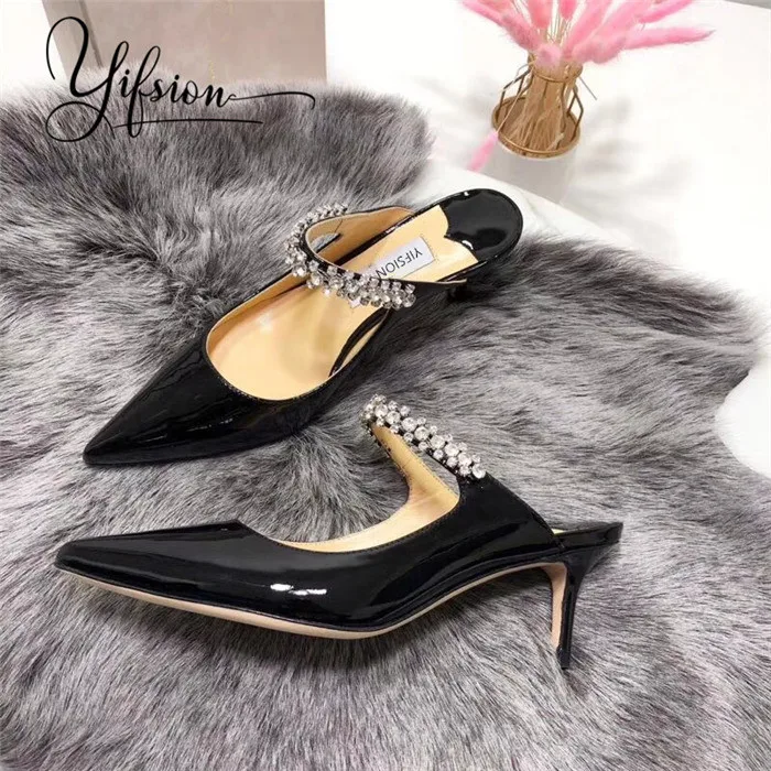 Black 6.5cm OLOME; Новинка; сезон весна-лето; туфли-лодочки; туфли без задника; женские туфли-лодочки на тонком высоком каблуке с острым носком, украшенные кристаллами и бусинами; женская обувь для вечеринок - Цвет: Black 6.5cm