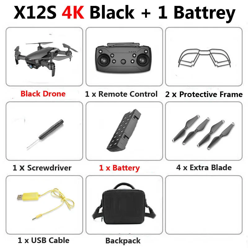 4K Black 1B Bag X12S мини складной Дрон с камерой 4K 1080P широкоугольный WiFi FPV удерживающий высоту RC Квадрокоптер Вертолет игрушка SG106 E58 - Цвет: 4K Black 1B Bag