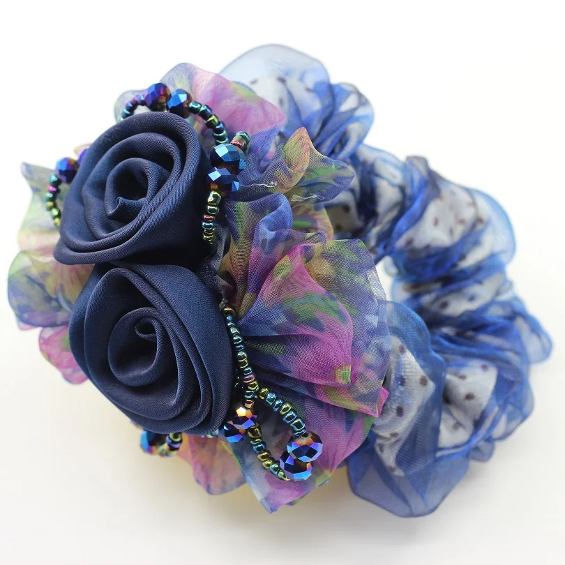 

1Piece Chiffon Hair Rope Super Elastic Headbands Floral Ponytail Scrunchie high quality Rose Hair Accessories for girl & women