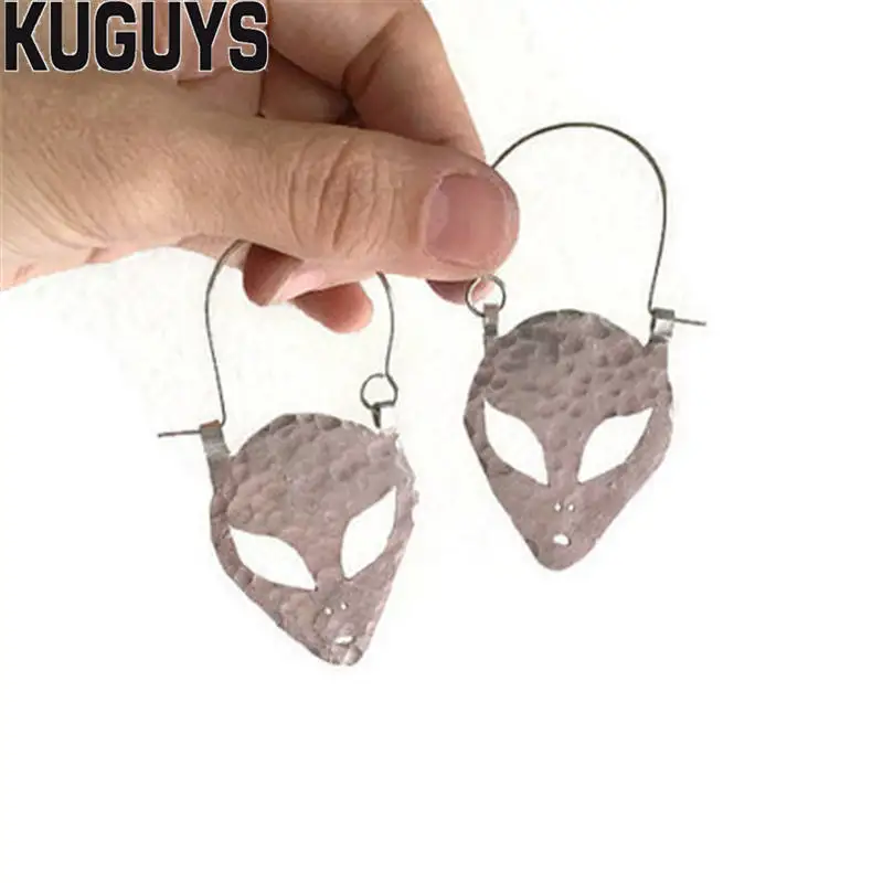 Серьги-капли с лицом пришельца KUGUYS для женщин, аксессуары из металла ET, модные ювелирные изделия, золотистого и серебряного цвета.
