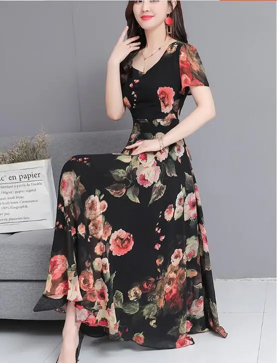 2019 Summer New Arrival High Quality S-3XL Bohemian V Collar Flower Printed Woman Long Chiffon Dress | Женская одежда