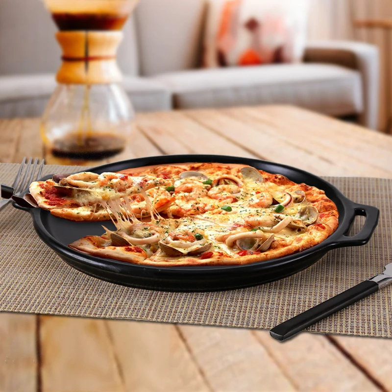 Round Ceramic Pizza Pan With Handle For Baking Mold Microwave Oven Steak Pans Kitchen Bakeware Cookware Bake Dishes | Дом и сад