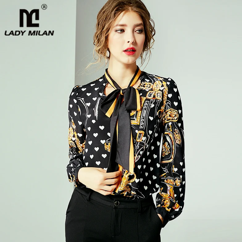 Леди Милан 100% чистого шелка женские Подиумные рубашки воротник с бантом длинными