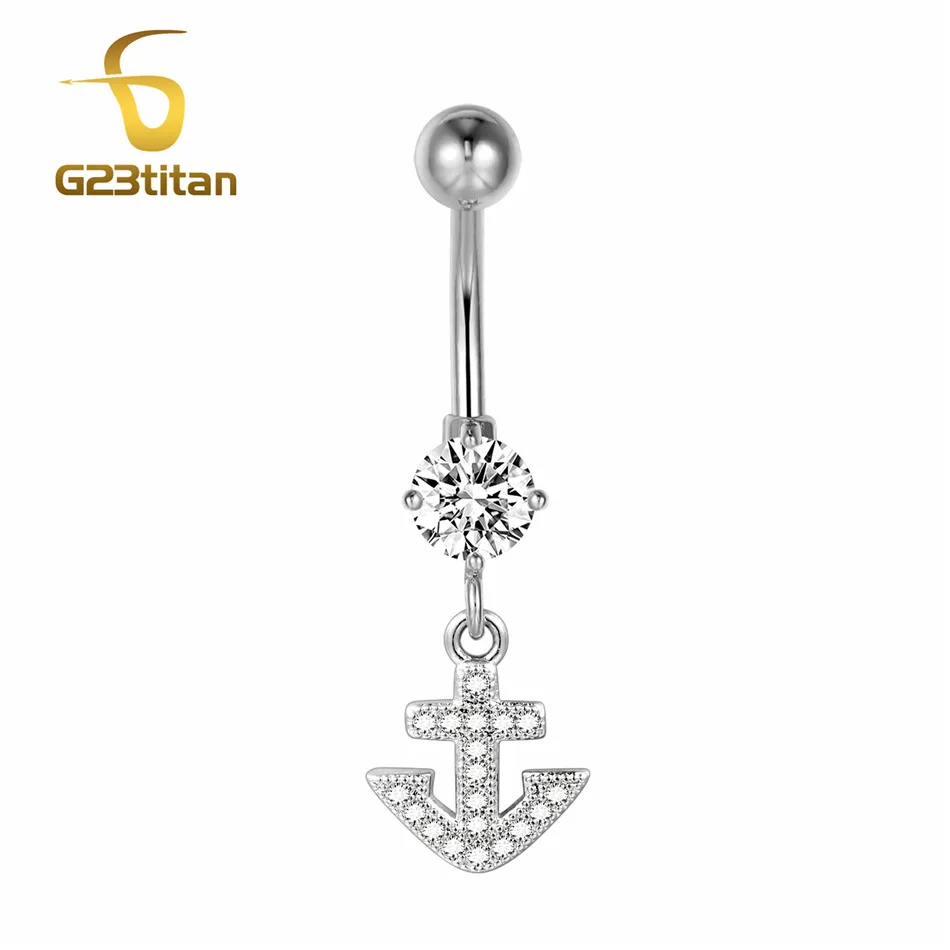 

G23titan Silver Color Rhinestone Anchor Sexy Women Belly Button Ring Body Jewelry Medical Titanium Beach Belly Piercing Nombril