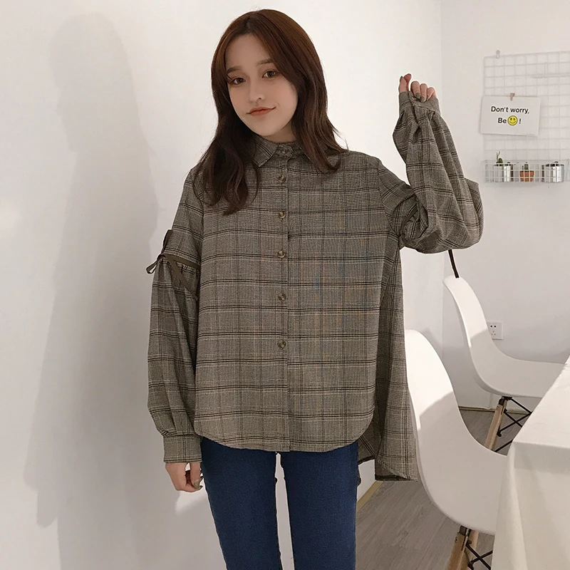 Wind restoring ancient ways chic harajuku grid easing in bf long posed schoolgirl shirt sleeves shirts port |
