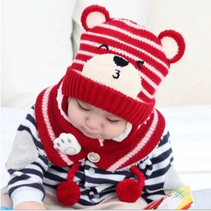 Winter Kids baby boy girls warm cartoon bear Knitted hats with hair ball earbud+neck scarf 2 pcs set for 0-2 years toddler | Детская