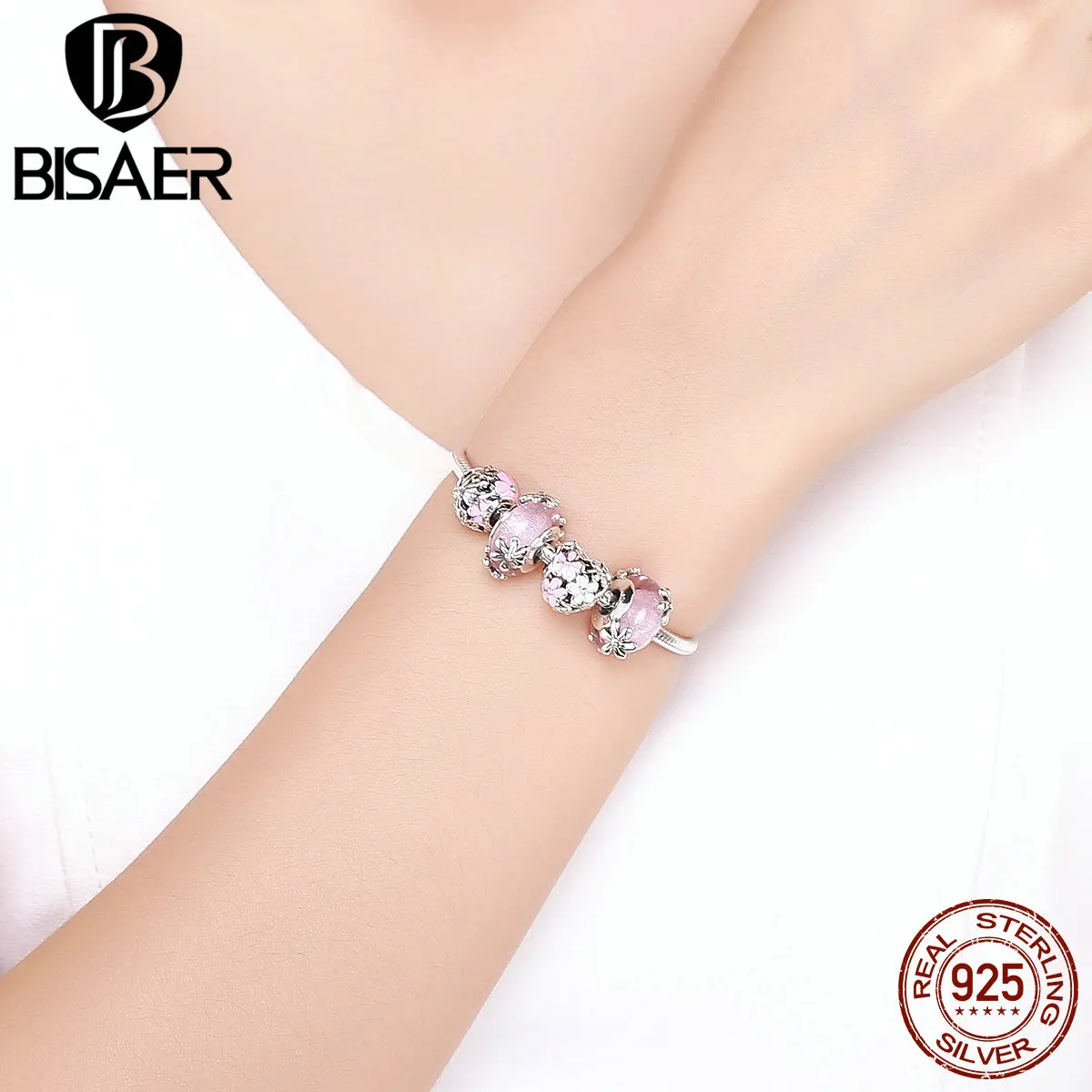 BISAER 925 пробы Серебряный Розовый эмалированный цветок Весна муранские стеклянные бусы, амулеты браслет для женщин ювелирные изделия GXB821