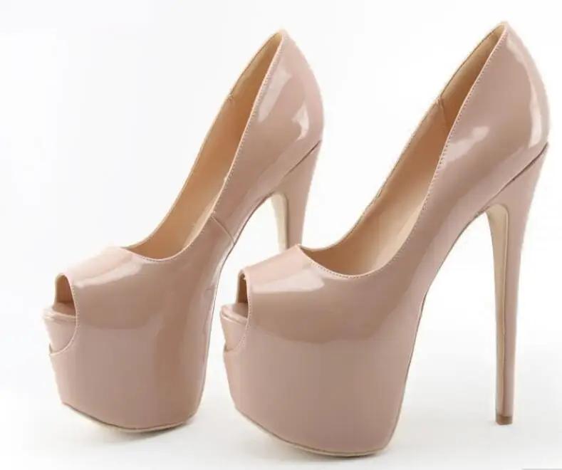 

Nude Patent Leather High Heeled Pumps Woman Peep Toe Dress Platform Pumps 16CM High Heel Platform Slip-on Shoes Big Size