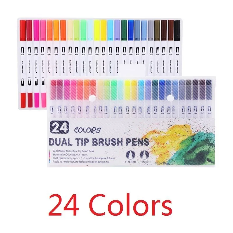 24-Colors-White 1 Набор цветов, тонкий лайнер для рисования акварельными маркерами, ручка для художественного творчества с двойным наконечником, кисточка, школьные принадлежности, канцелярские принадлежности 04350 - Цвет: 24-Colors-White