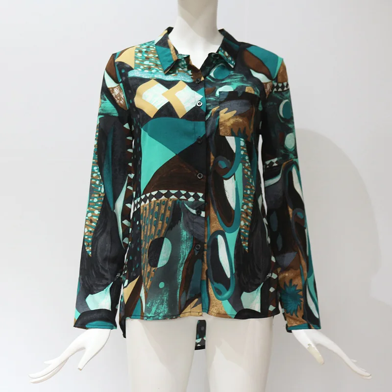 

2019 Women Chiffon Blouses Long Sleeve Turn Down Collar Office Shirt Geometric Print Blouse Loose Casual Tops Plus Size Chemise