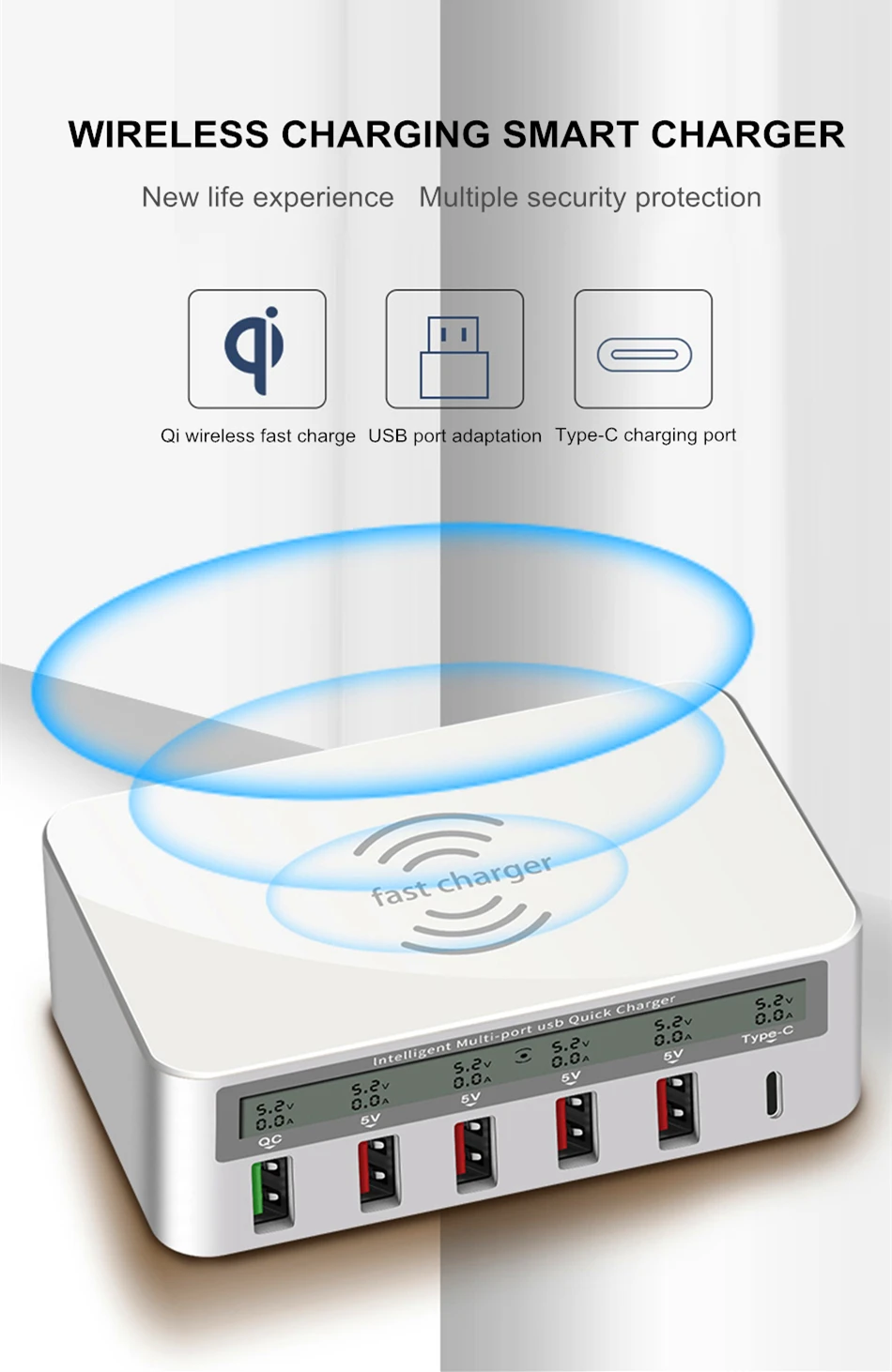Amstar 10 Вт Qi Беспроводное зарядное устройство 5 В/8A 6USB зарядное устройство для телефона Быстрая зарядка 3,0 type C Быстрая зарядка для iPhone X XS 8 samsung S9 S8