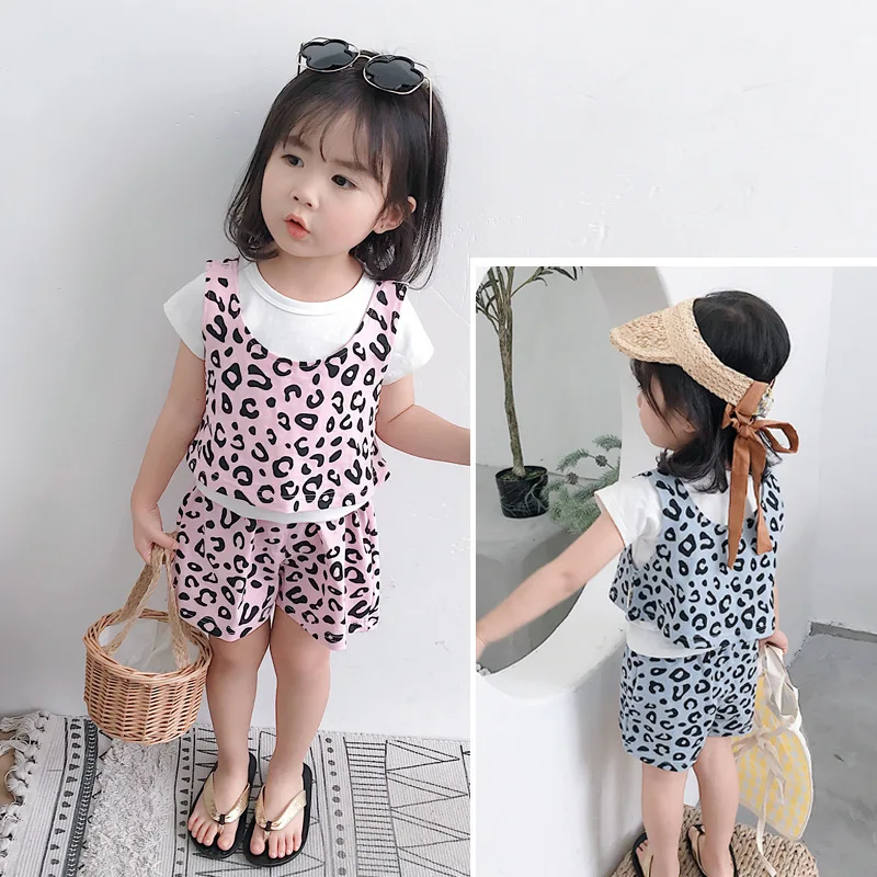 3 шт./комплект хлопковая Футболка с леопардовым принтом + жилет шорты|Комплекты