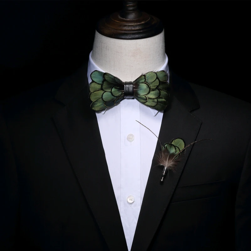 JEMYGINS Original Green Birds Feather Bow Tie Natural Hand Made Bowtie Brooch Wood Gift Box Set For Men Business Party Wedding