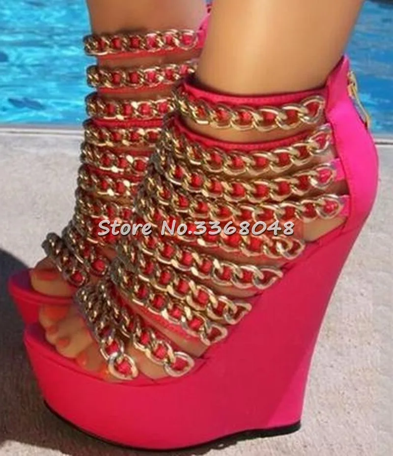 

Gold Chains Decor Platform Wedges Woman Sandal Booties Sexy Peep Toe Back Zipper Pink Black Short Boots Cover Heel Big Size 42