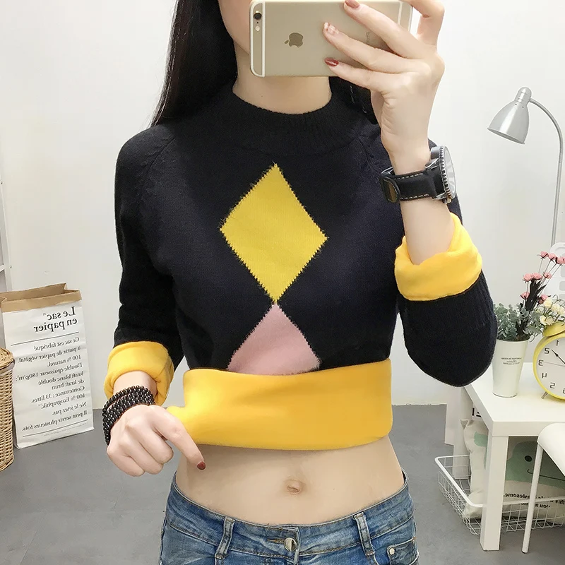 High quality Elegance Thick Warm Women's Pullover Sweater Fashion Knitted With Velveeta Jumper Top Slim Female O-neck | Женская