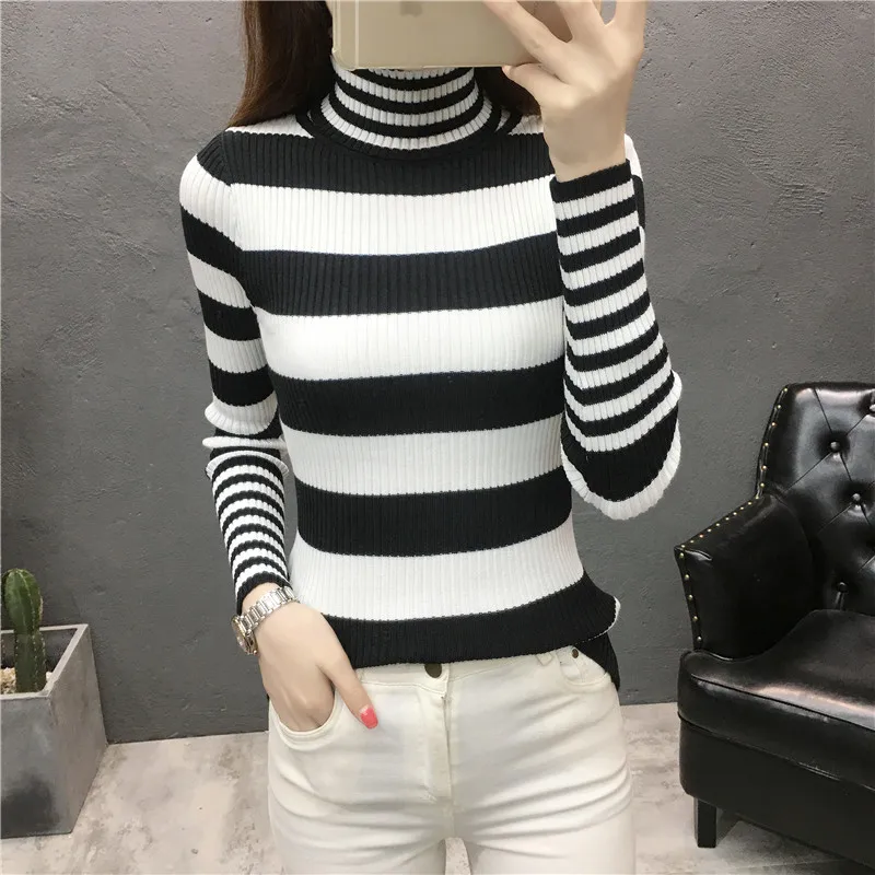Новинка 2020 женские вязаные водолазки с длинным рукавом свитера в полоску