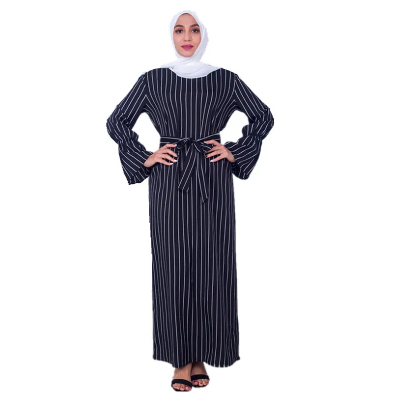 

Women's Muslim Dubai Sashes Abayas Arab Women Fashion Stripe Dress Arabic Turkish Kaftan Female Clothing