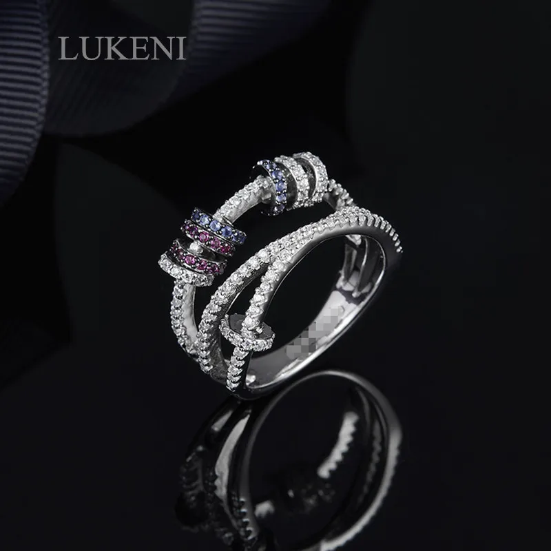 LUKENI Лидер продаж S925 Стерлинговое Серебро Микро инкрустация Циркон личность геометрический цветной красный и синий круг кольца для женщин еврей