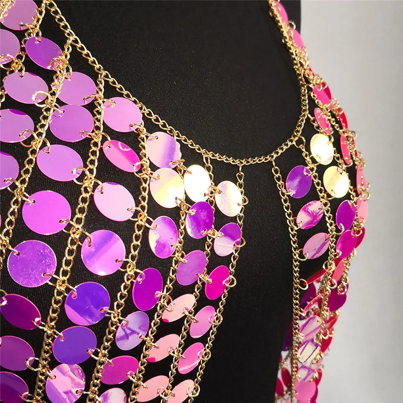 Sexy Bling Metal Chest Chain Summer crop top Women Sparkling Sequins Halter tank tops cropped shirt Luxury Nightclub Party Vest | Женская