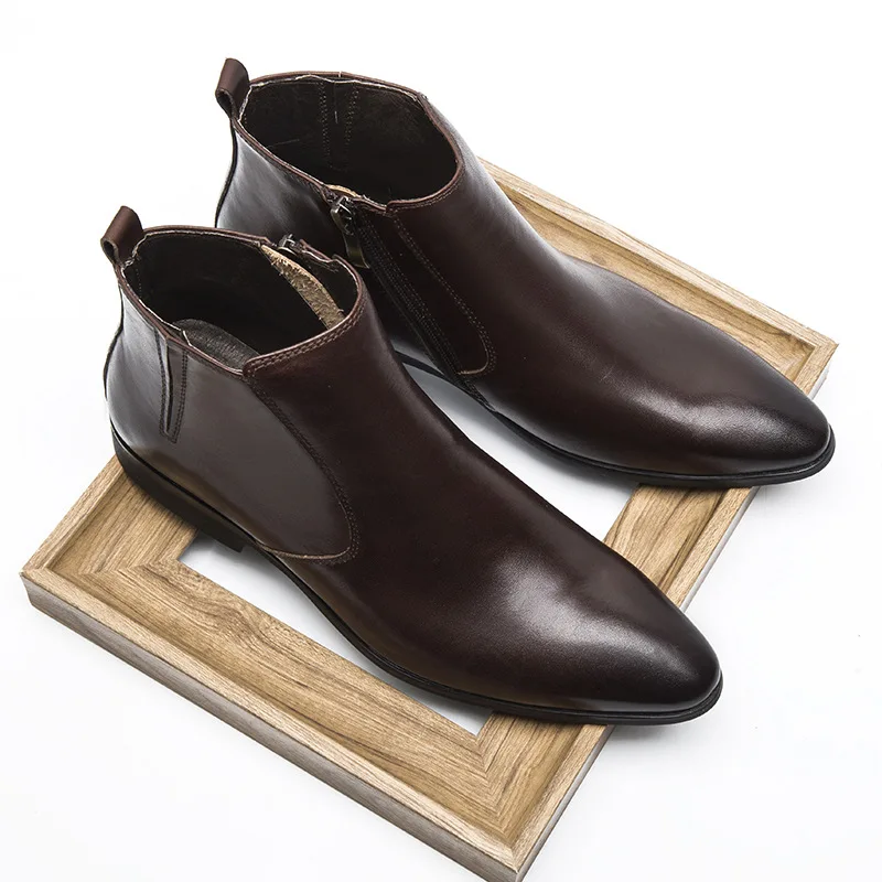 New pointed toe genuine leather men boots autumn winter mens ankle shoes high quality daily work man black brown | Обувь