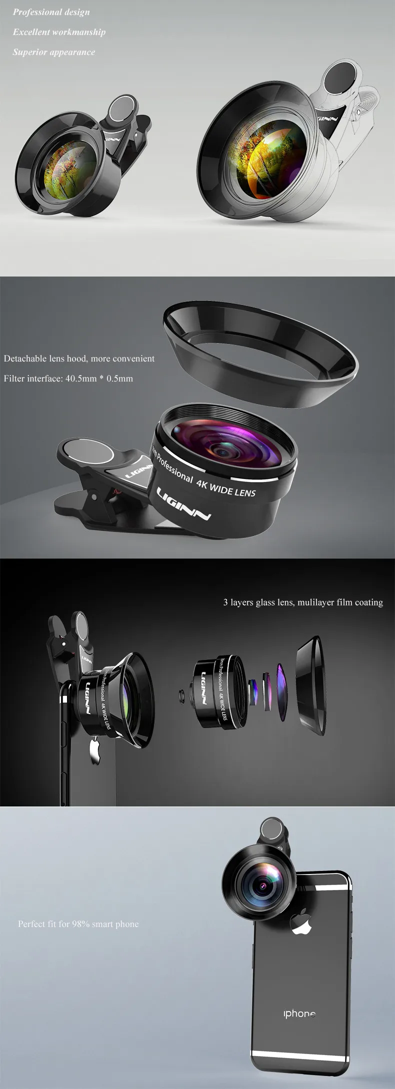 LIGINN 4K HD Мобильный SLR объектив 18 мм широкоугольный телефон Смартфон объектив для iPhone 6S 7 8 Plus Xiaomi Redmi с блендой L-618