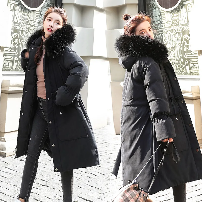 Хлопковая куртка с большим меховым воротником и свободный карман толстая зимняя