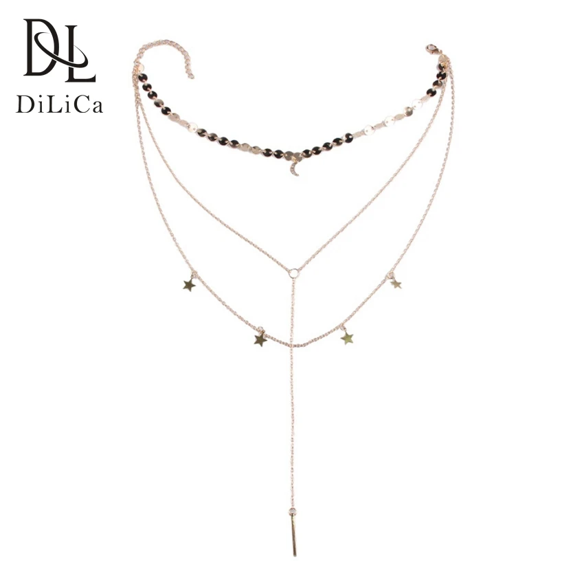 DiLiCa Korean Fashion Choker Necklaces for Women Layering Alloy Star Chain Necklace Pendant Female Long Pendants | Украшения и