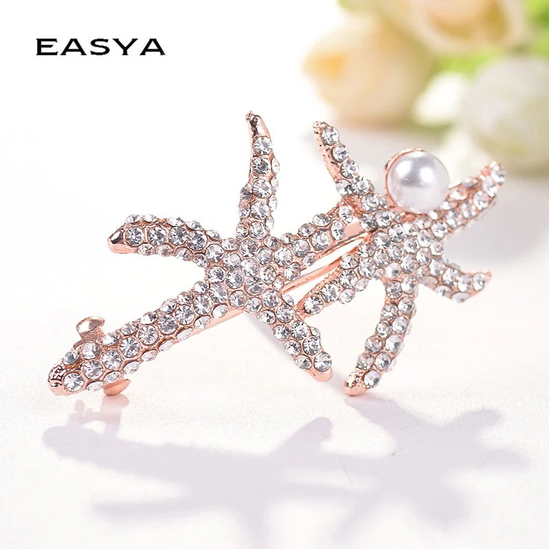 

EASYA Gold Color Double Starfish Hairpin Hairwear Hair Accessories Fashion Women Crystal Simulated Pearl Hair Clips