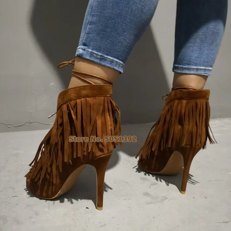 Online Wanita Tinggi Tumit Suede Fringe Cross-Tied Lace-Up Stiletto Sandal Peep Toe Musim Panas Sepatu Bot Pendek Fashion Rumbai Ukuran Besar