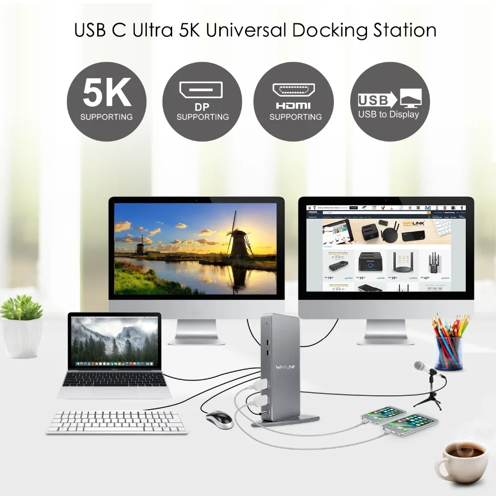 USB C Универсальная док станция HDMI совместимая с двумя 4K @ 60Hz Ultra HD 5K видео дисплеем