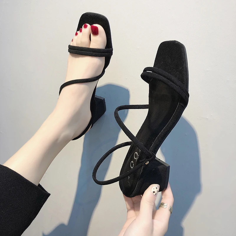 Женские босоножки Замшевые туфли на квадратном каблуке с открытым носком без