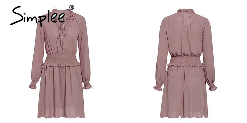 Simplee Lace up ruffled A-line women dress Elastic high waist short vintage dress Bohemian lantern sleeve female party dress