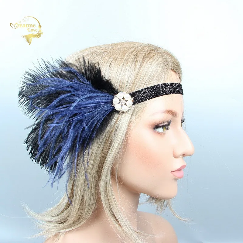 

Black and Blue Feather Women Headband with Pearl Rhinestone Shining Bridal Headwear for Woman Wedding Special Occasion JWH002