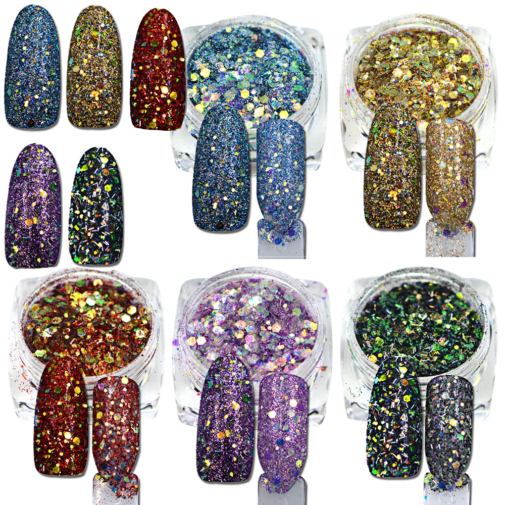 1 бутылка 3D Блестящий смешанный цвет дизайн ногтей Шестигранная форма блеск