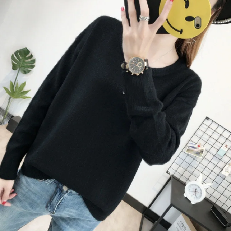 Autumn Winter Fashion Women's Sweater and Pullover Knit Long Sleeve Round Neck Elastic Women Thick Warm Loose Tops Solid Color | Женская
