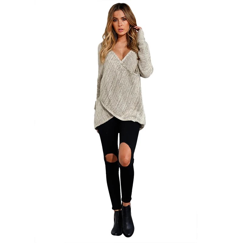 IRISIE Brand New Fashion Women Solid Gray Sweater Deep V-neck Long Sleeve Female Knit Pullover Lady Loose Casual Tops | Женская одежда