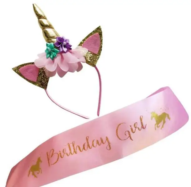 Horn Birthday Girl Set Shiny Gold GlitterHeadband Birthday Girl Sash Unicorn Theme Birthday Party Favors pink