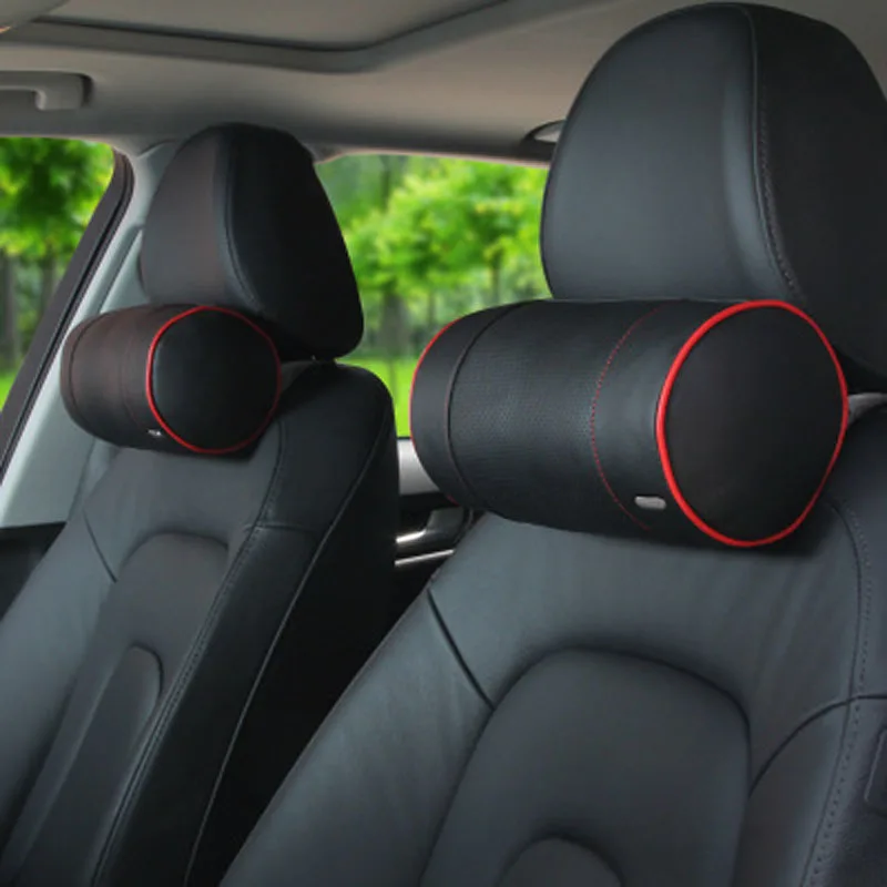 

Genuine Leather Car Headrest Pillows Auto Safety Seat Cylindrical Neck Rest Support Cover Cushion Four Seat Bone Head Protector