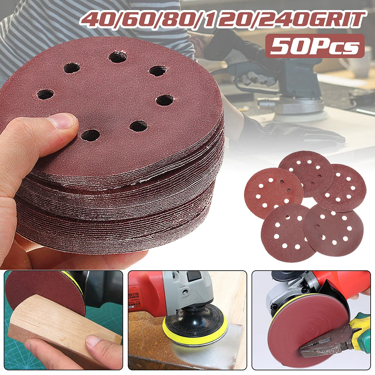 50pcs/Set 125mm Sanding Disc Round Shape 8 Hole Mixed 40 60 80 120 240 Grit Orbital Paper Punch Sheet Sandpaper Polisher Sanders |