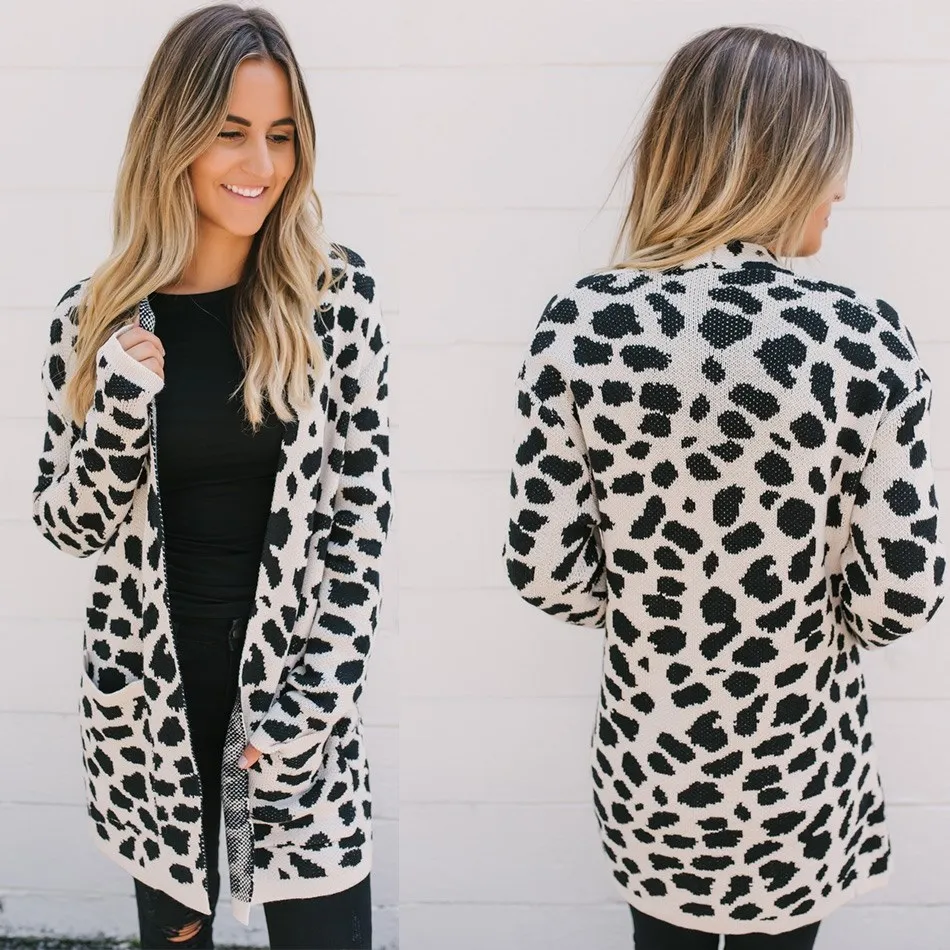 2018 Autumn Winter Women Long Open Stitch Knitted Cardigan Outwear Sleeve Leopard Print Sweater |