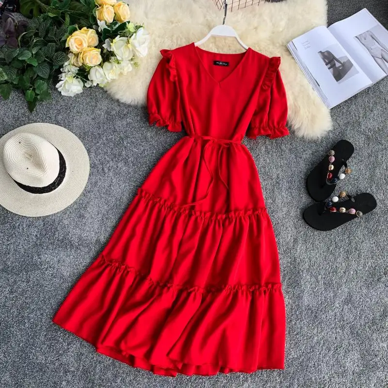 2019 новые модные женские платья с v образным вырезом пышными рукавами на талии