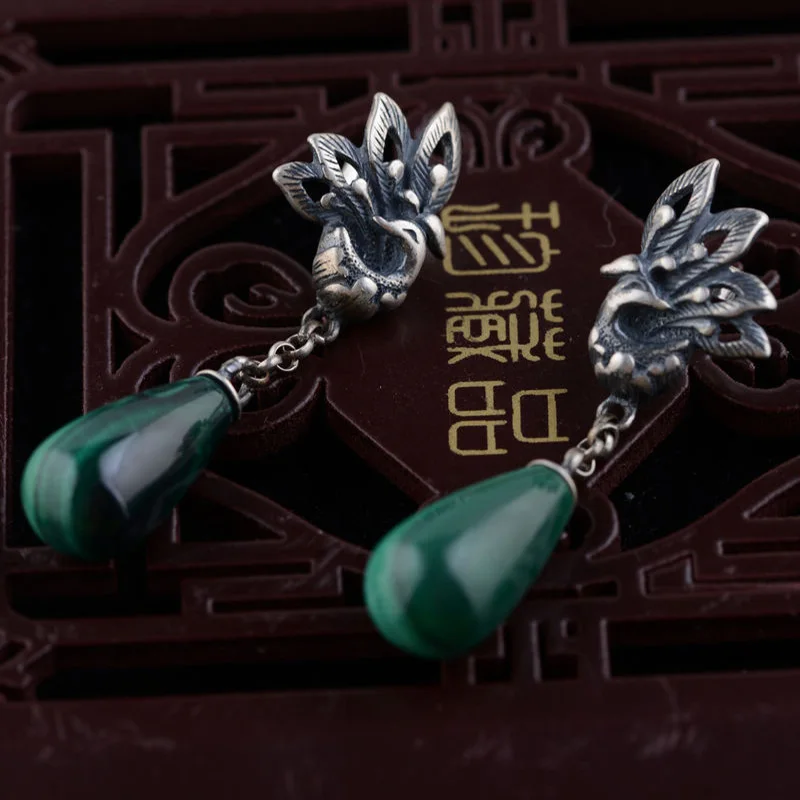 Женские серебряные серьги FNJ подвески из натурального малахита Феникса пиона