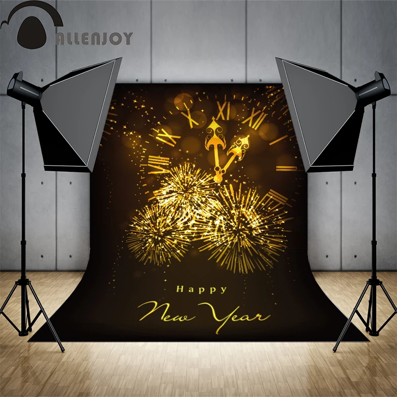 Allenjoy photography backdrops Happy New Year fireworks gold bell shiny background for photos photocall vinyl cloth | Электроника