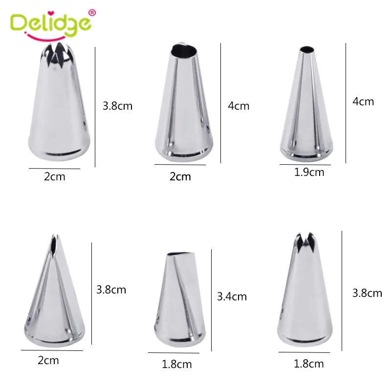 Delidge 6PCS Stainless Steel Cream Nozzle Mouth Jam Tip Set Cake Decorating Pastry Piping Flower Baking Tool | Дом и сад