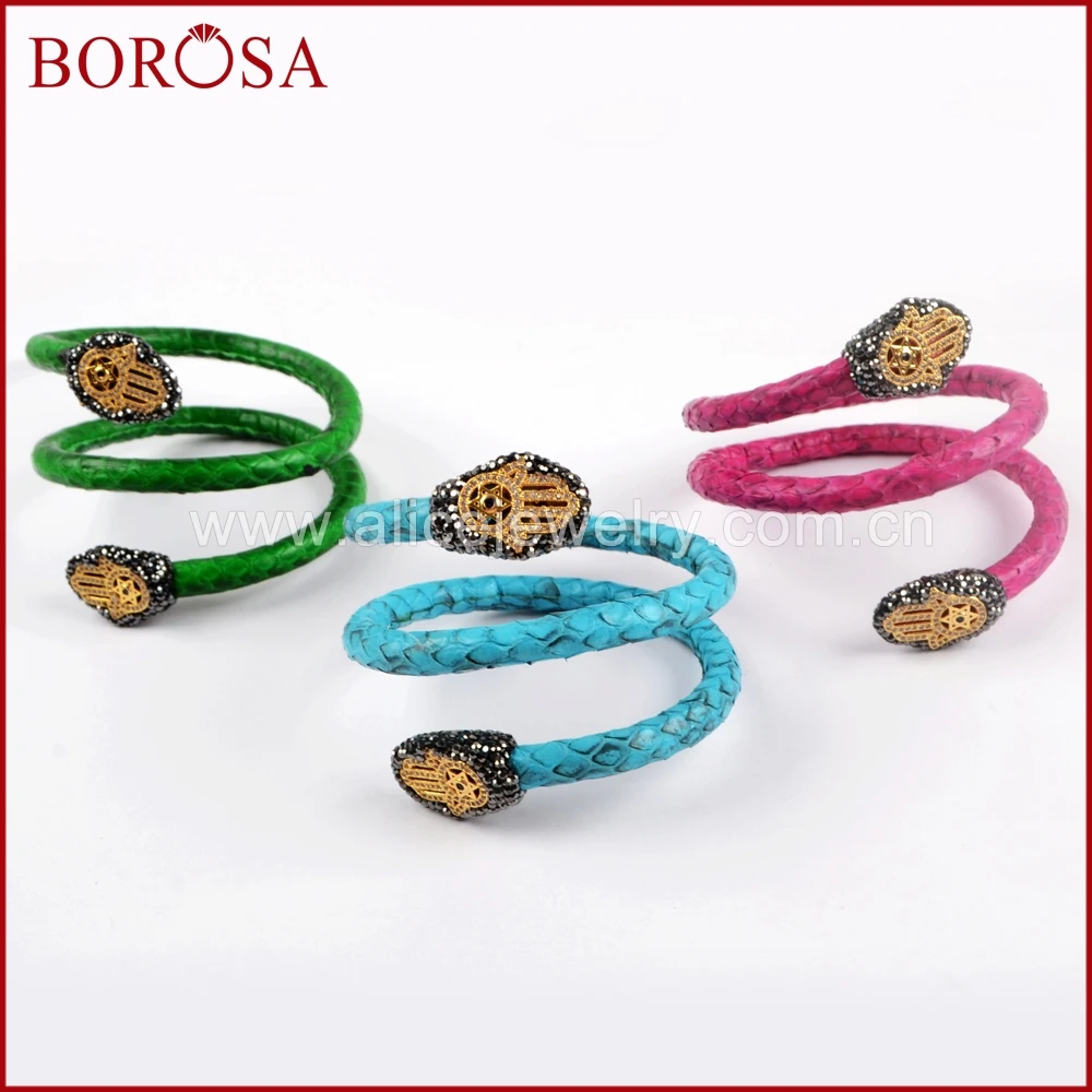 BOROSA 5 шт. Подлинная змеиная кожа Drusy регулируемые браслеты с CZ микро паве Хамса