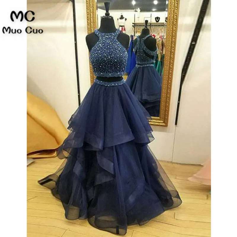 Платье из двух частей темно синего цвета длинное платье для выпускного бала с бусинами и оборками органзы