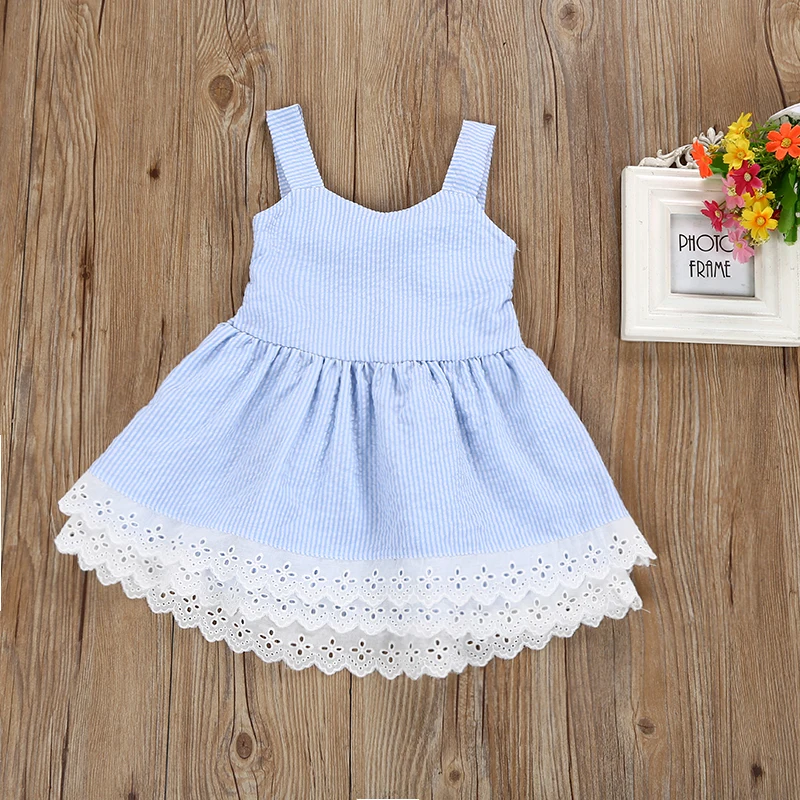 New 2018 Summer Cute Fashion Casual sweet Girl Dress Strap Backless Bowknot Ruffled Outfits Pink sky blue Sweet | Детская одежда и