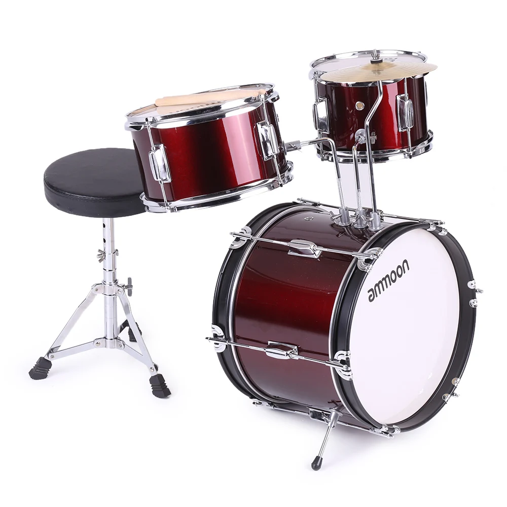 Ammoon 3-Piece Drum Kit Дети Junior Drum Set ударный музыкальный инструмент с тарелки барабанные палочки регулируемый стул - Цвет: Бургундия